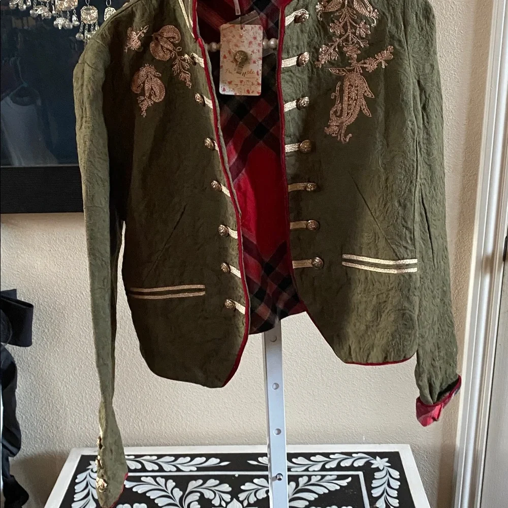 Free People Lauren Band Jacket Military Embroidered Gold Open Front - Picture 7 of 9